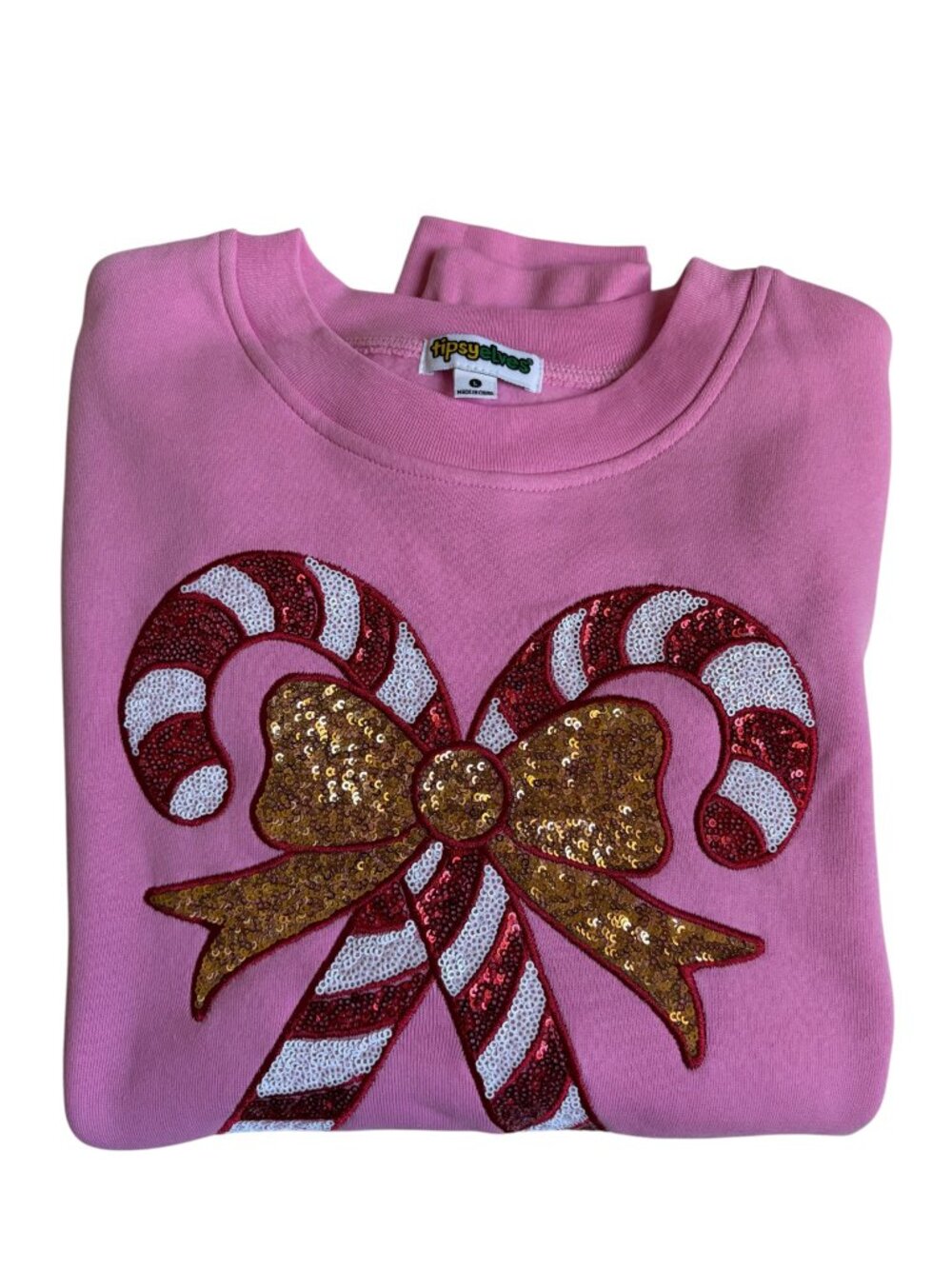 NWT Tipsy Elves Women's Pink Sequin Candy Cane Sweatshirt (Pink) - Size L